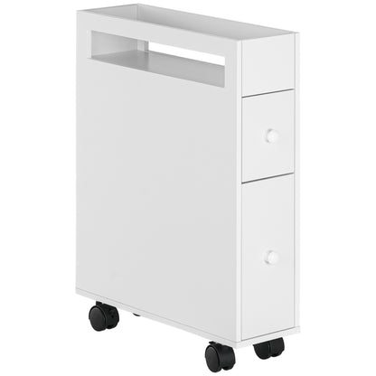 Bathroom Space Saver Cabinet with 4 Wheels, 2 Drawers, and Open Shelf, 16x49.5x66cm, White