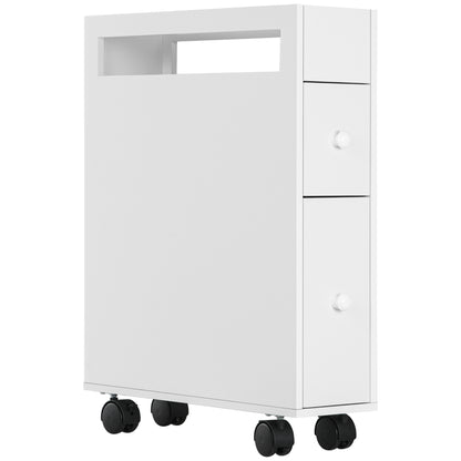 Bathroom Space Saver Cabinet with 4 Wheels, 2 Drawers, and Open Shelf, 16x49.5x66cm, White