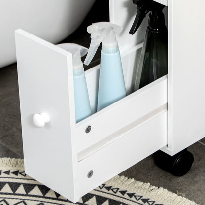 Bathroom Space Saver Cabinet with 4 Wheels, 2 Drawers, and Open Shelf, 16x49.5x66cm, White