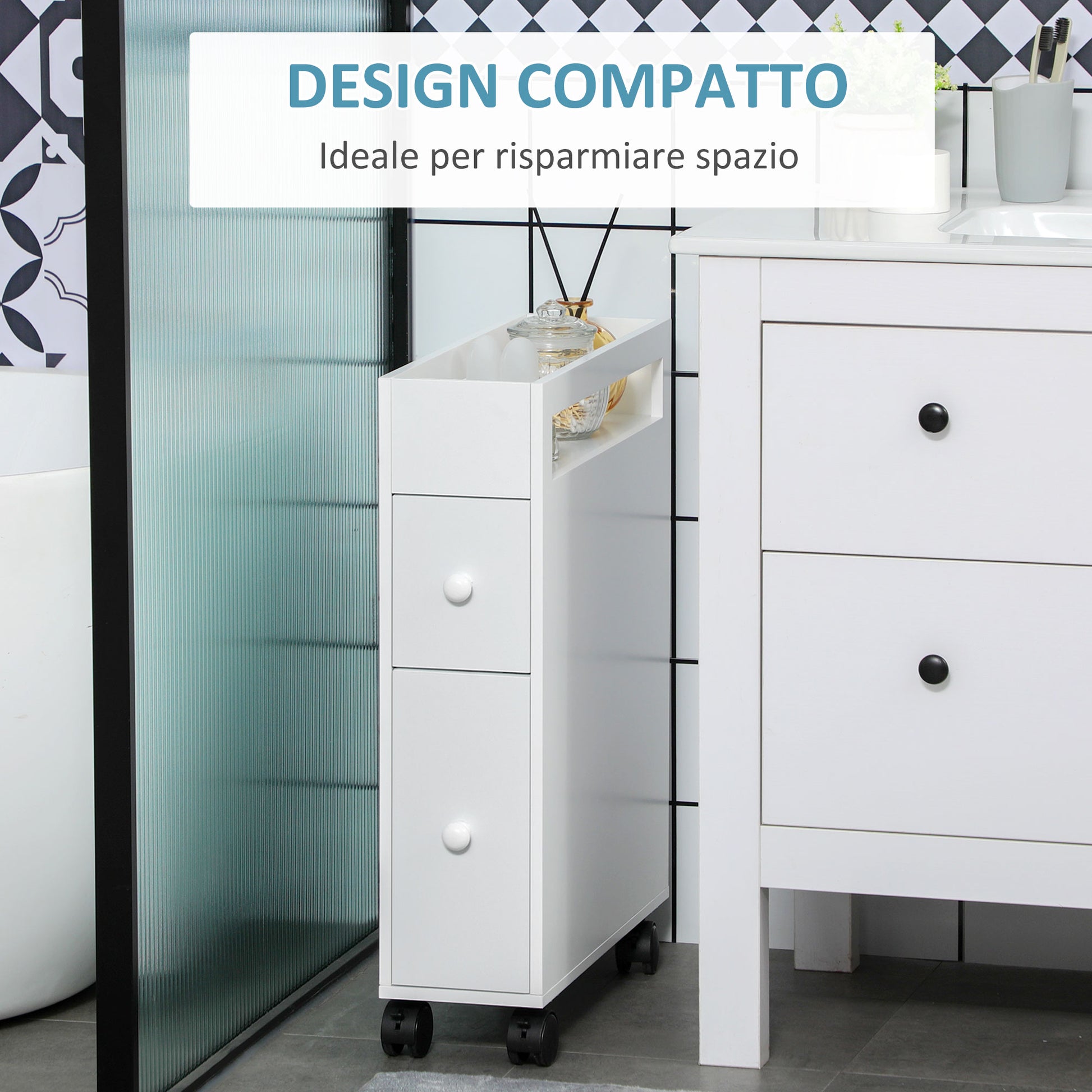 Bathroom Space Saver Cabinet with 4 Wheels, 2 Drawers, and Open Shelf, 16x49.5x66cm, White