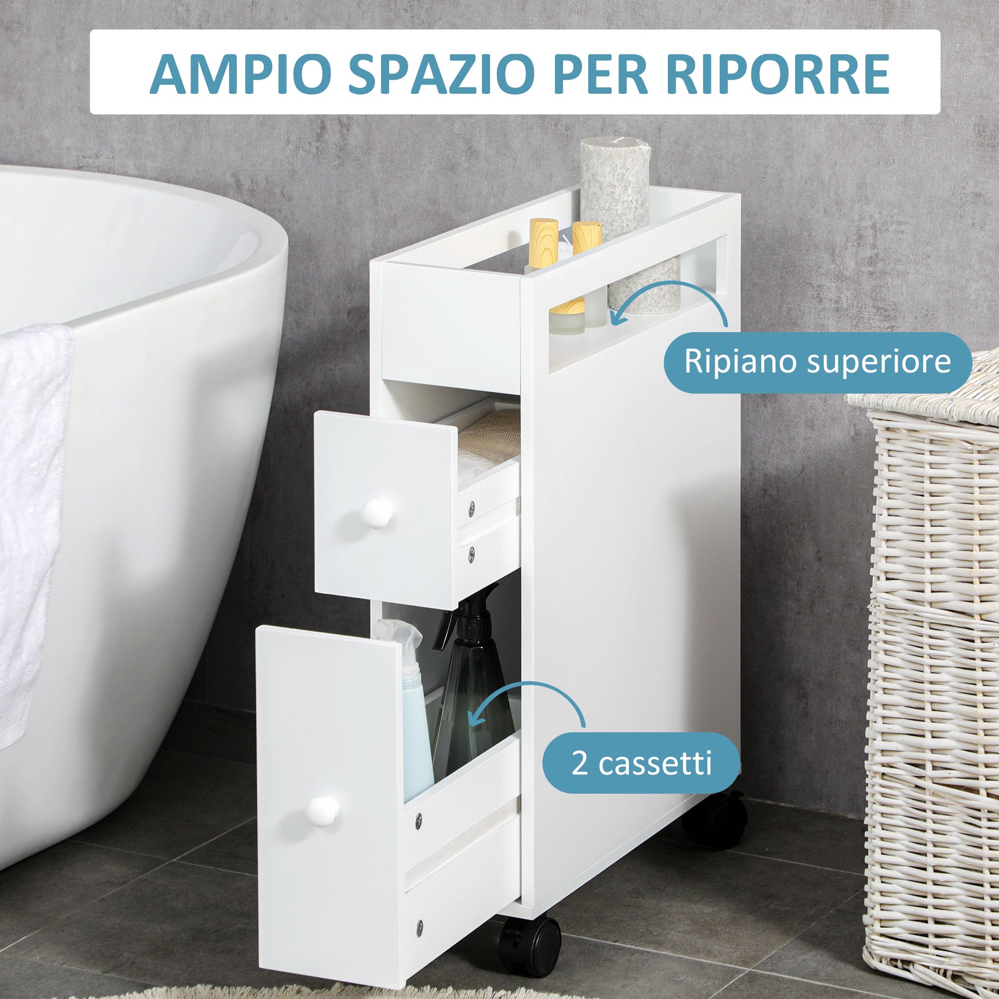 Bathroom Space Saver Cabinet with 4 Wheels, 2 Drawers, and Open Shelf, 16x49.5x66cm, White