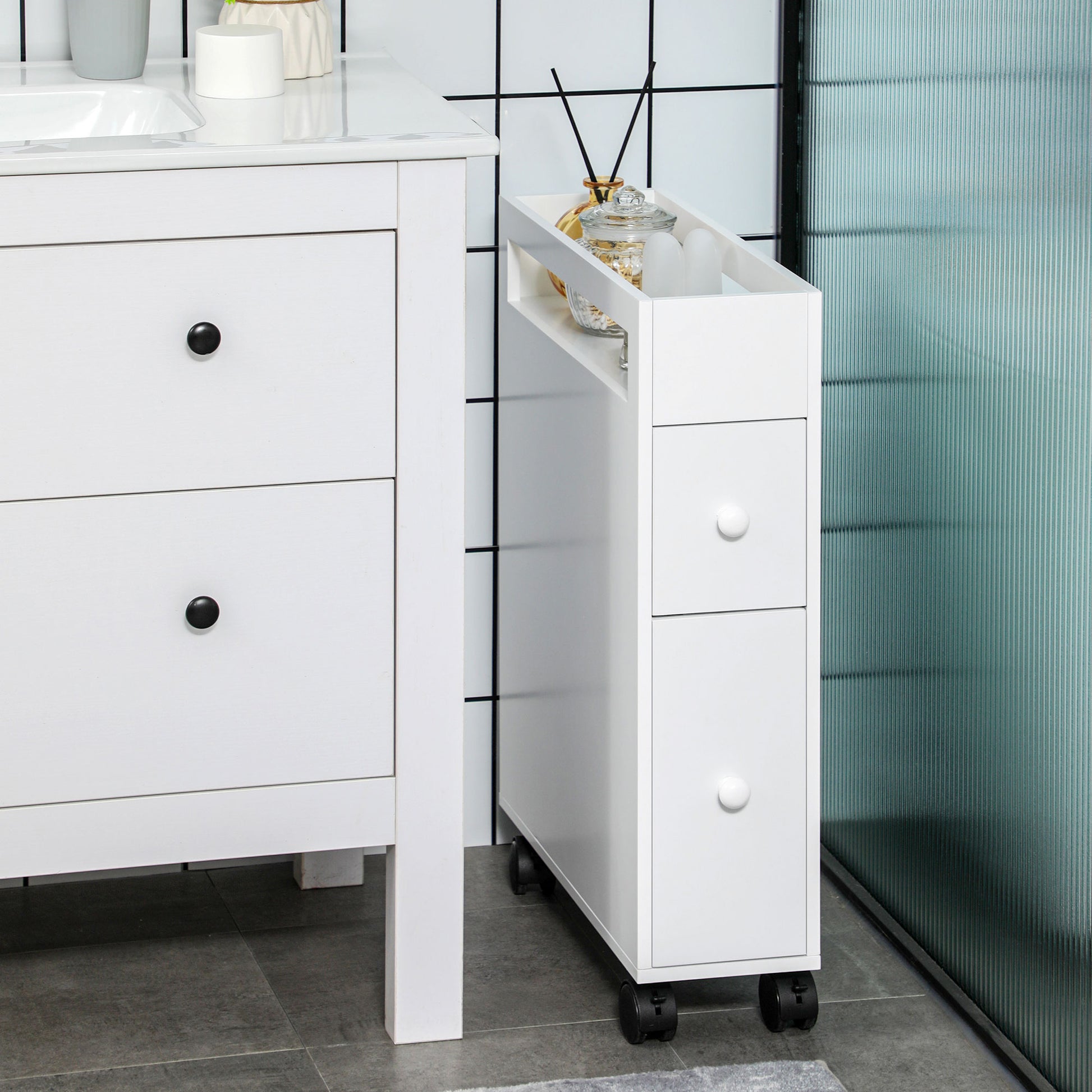 Bathroom Space Saver Cabinet with 4 Wheels, 2 Drawers, and Open Shelf, 16x49.5x66cm, White