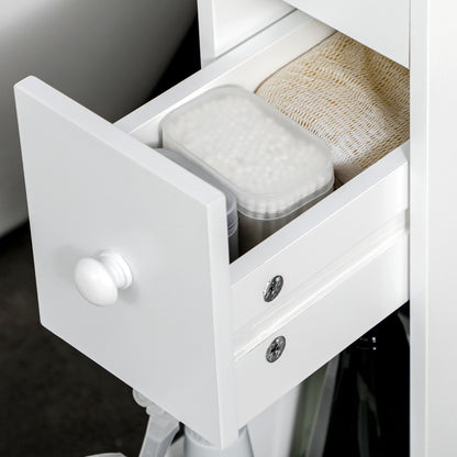 Bathroom Space Saver Cabinet with 4 Wheels, 2 Drawers, and Open Shelf, 16x49.5x66cm, White