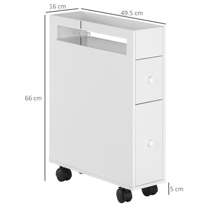 Bathroom Space Saver Cabinet with 4 Wheels, 2 Drawers, and Open Shelf, 16x49.5x66cm, White