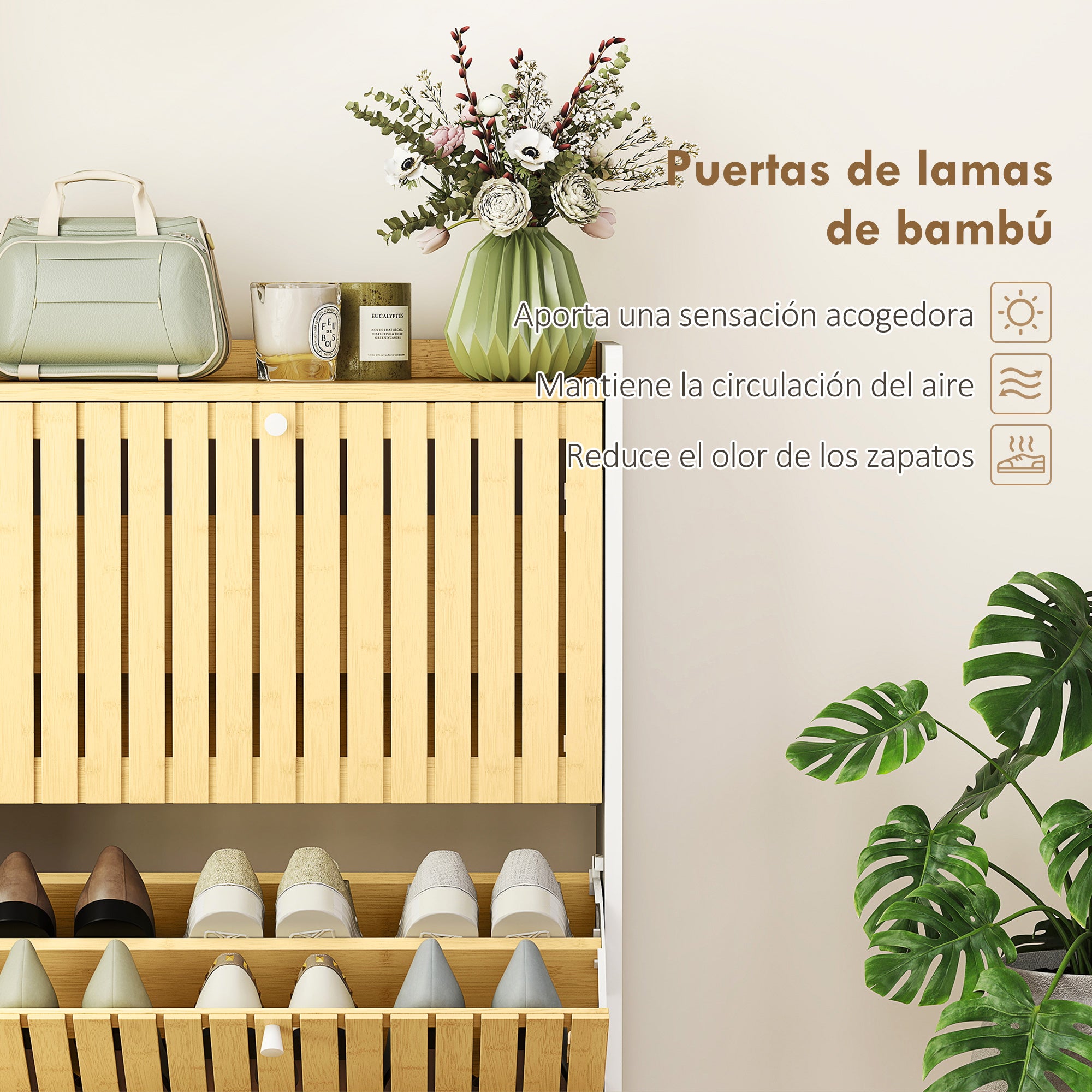 Narrow Shoe Cabinet with 2 Bamboo Doors with Adjustable Shelves for 12 Pairs of Shoes 60x24x82.5 cm White and Natural