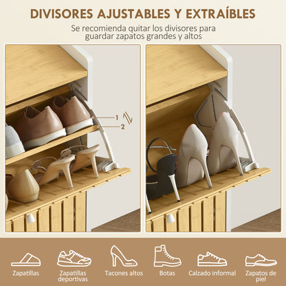 Narrow Shoe Cabinet with 2 Bamboo Doors with Adjustable Shelves for 12 Pairs of Shoes 60x24x82.5 cm White and Natural