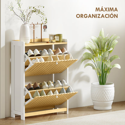 Narrow Shoe Cabinet with 2 Bamboo Doors with Adjustable Shelves for 12 Pairs of Shoes 60x24x82.5 cm White and Natural
