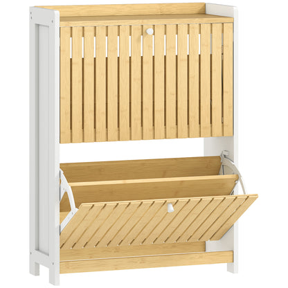 Narrow Shoe Cabinet with 2 Bamboo Doors with Adjustable Shelves for 12 Pairs of Shoes 60x24x82.5 cm White and Natural