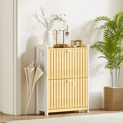 Narrow Shoe Cabinet with 2 Bamboo Doors with Adjustable Shelves for 12 Pairs of Shoes 60x24x82.5 cm White and Natural