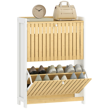 Narrow Shoe Cabinet with 2 Bamboo Doors with Adjustable Shelves for 12 Pairs of Shoes 60x24x82.5 cm White and Natural