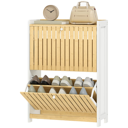 Narrow Shoe Cabinet with 2 Bamboo Doors with Adjustable Shelves for 12 Pairs of Shoes 60x24x82.5 cm White and Natural