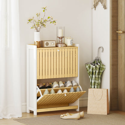 Narrow Shoe Cabinet with 2 Bamboo Doors with Adjustable Shelves for 12 Pairs of Shoes 60x24x82.5 cm White and Natural