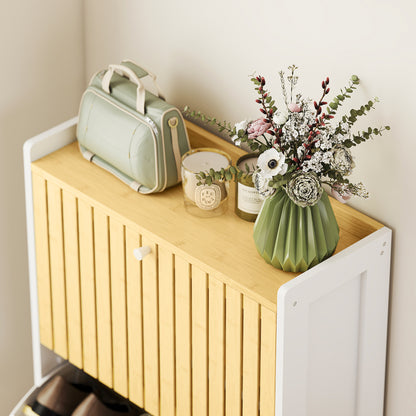 Narrow Shoe Cabinet with 2 Bamboo Doors with Adjustable Shelves for 12 Pairs of Shoes 60x24x82.5 cm White and Natural