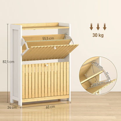 Narrow Shoe Cabinet with 2 Bamboo Doors with Adjustable Shelves for 12 Pairs of Shoes 60x24x82.5 cm White and Natural