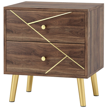 Bedside Table, Nightstand, with 2 Drawers, Gold Handles, Steel Legs, for Bedroom, Living Room, 45 x 35 x 50 cm, Brown Wood Grain