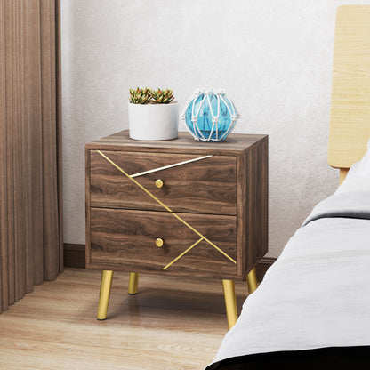 Bedside Table, Nightstand, with 2 Drawers, Gold Handles, Steel Legs, for Bedroom, Living Room, 45 x 35 x 50 cm, Brown Wood Grain