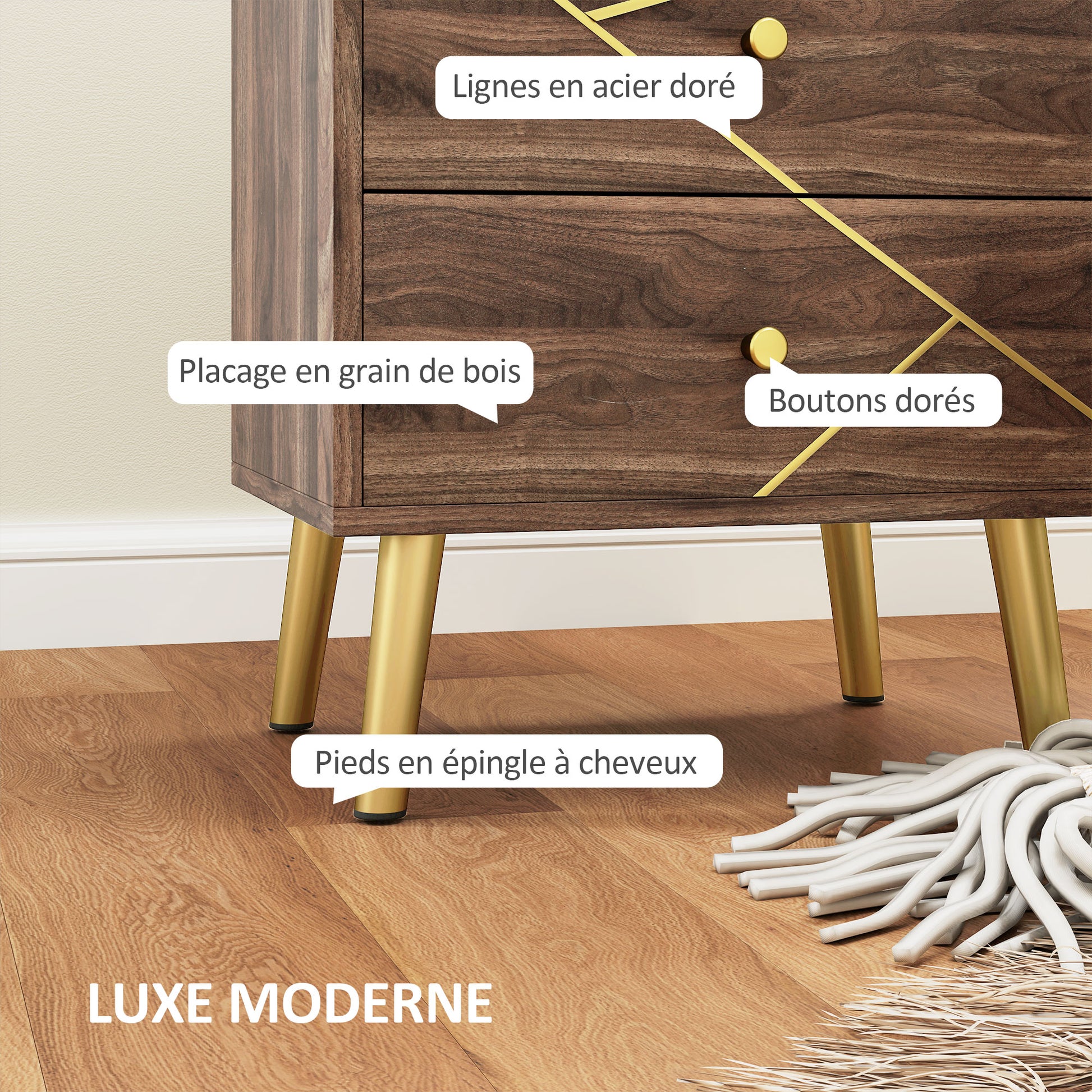 Bedside Table, Nightstand, with 2 Drawers, Gold Handles, Steel Legs, for Bedroom, Living Room, 45 x 35 x 50 cm, Brown Wood Grain