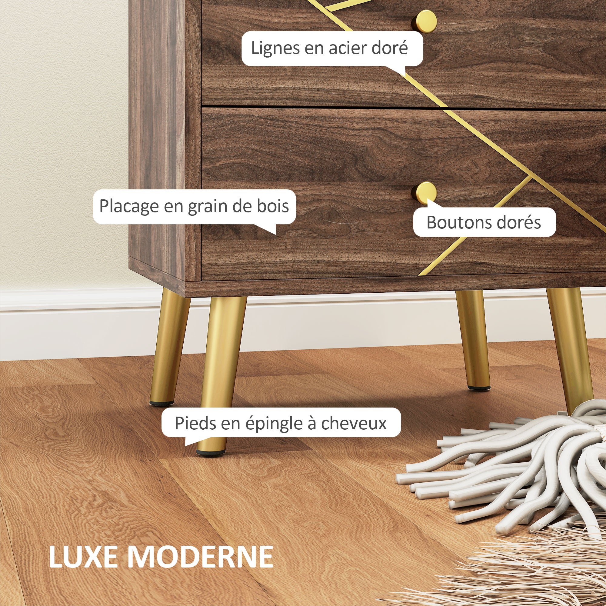 Bedside Table, Nightstand, with 2 Drawers, Gold Handles, Steel Legs, for Bedroom, Living Room, 45 x 35 x 50 cm, Brown Wood Grain
