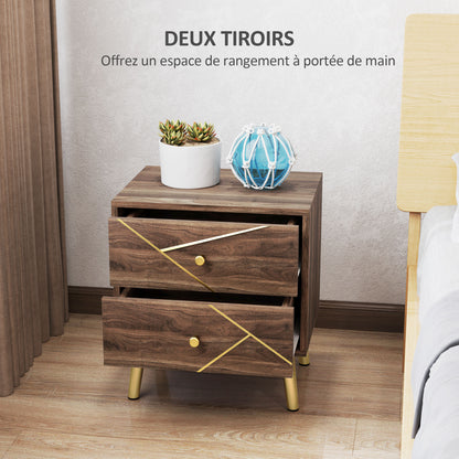 Bedside Table, Nightstand, with 2 Drawers, Gold Handles, Steel Legs, for Bedroom, Living Room, 45 x 35 x 50 cm, Brown Wood Grain