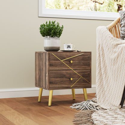 Bedside Table, Nightstand, with 2 Drawers, Gold Handles, Steel Legs, for Bedroom, Living Room, 45 x 35 x 50 cm, Brown Wood Grain