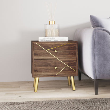 Bedside Table, Nightstand, with 2 Drawers, Gold Handles, Steel Legs, for Bedroom, Living Room, 45 x 35 x 50 cm, Brown Wood Grain