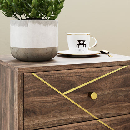 Bedside Table, Nightstand, with 2 Drawers, Gold Handles, Steel Legs, for Bedroom, Living Room, 45 x 35 x 50 cm, Brown Wood Grain