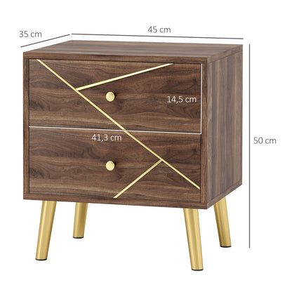 Bedside Table, Nightstand, with 2 Drawers, Gold Handles, Steel Legs, for Bedroom, Living Room, 45 x 35 x 50 cm, Brown Wood Grain