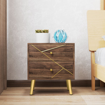 Bedside Table, Nightstand, with 2 Drawers, Gold Handles, Steel Legs, for Bedroom, Living Room, 45 x 35 x 50 cm, Brown Wood Grain