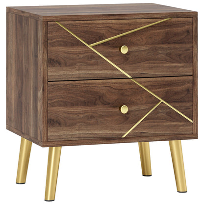 Bedside Table, Nightstand, with 2 Drawers, Gold Handles, Steel Legs, for Bedroom, Living Room, 45 x 35 x 50 cm, Brown Wood Grain