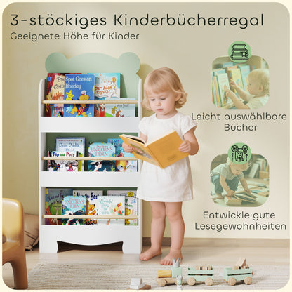 Children's Bookcase, 3-Tier Bear-Themed Toy & Book Shelf for Kids' Room, 21.7 x 5.9 x 43.3 in (55 x 15 x 110 cm), Green