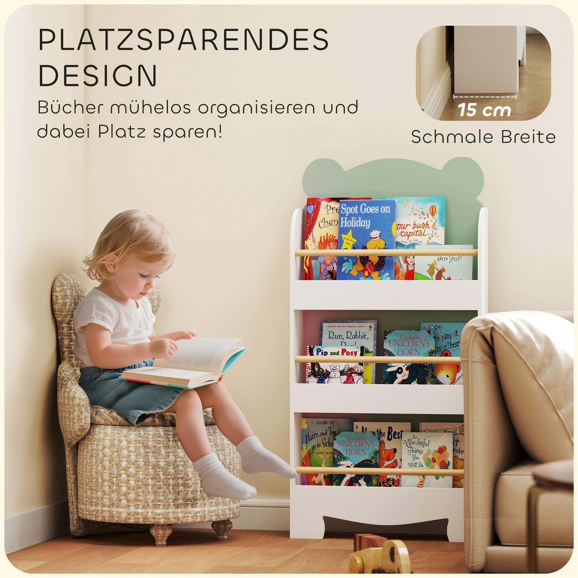 Children's Bookcase, 3-Tier Bear-Themed Toy & Book Shelf for Kids' Room, 21.7 x 5.9 x 43.3 in (55 x 15 x 110 cm), Green