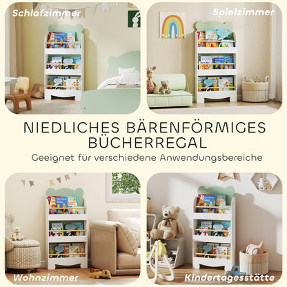 Children's Bookcase, 3-Tier Bear-Themed Toy & Book Shelf for Kids' Room, 21.7 x 5.9 x 43.3 in (55 x 15 x 110 cm), Green
