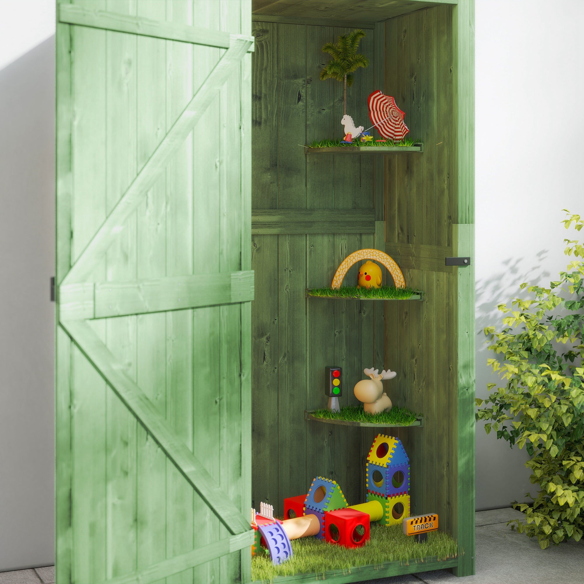 Wooden Garden Storage Shed with 3 Removable Shelves, Lockable Door, Asphalt Gable Roof & Window – 77 x 54.2 x 179 cm (Green)
