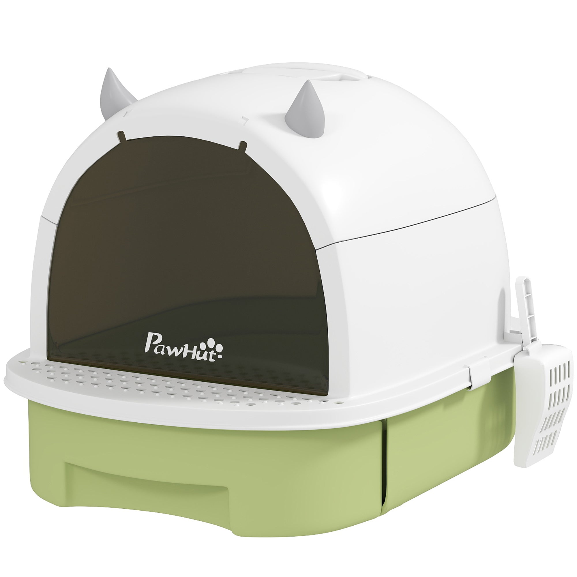 Covered Cat Litter Box Cat Litter Tray Closed with Removable Lid Removable Tray Carbon Filter Shovel and Top Handle 40.5x52x39 cm White and Green