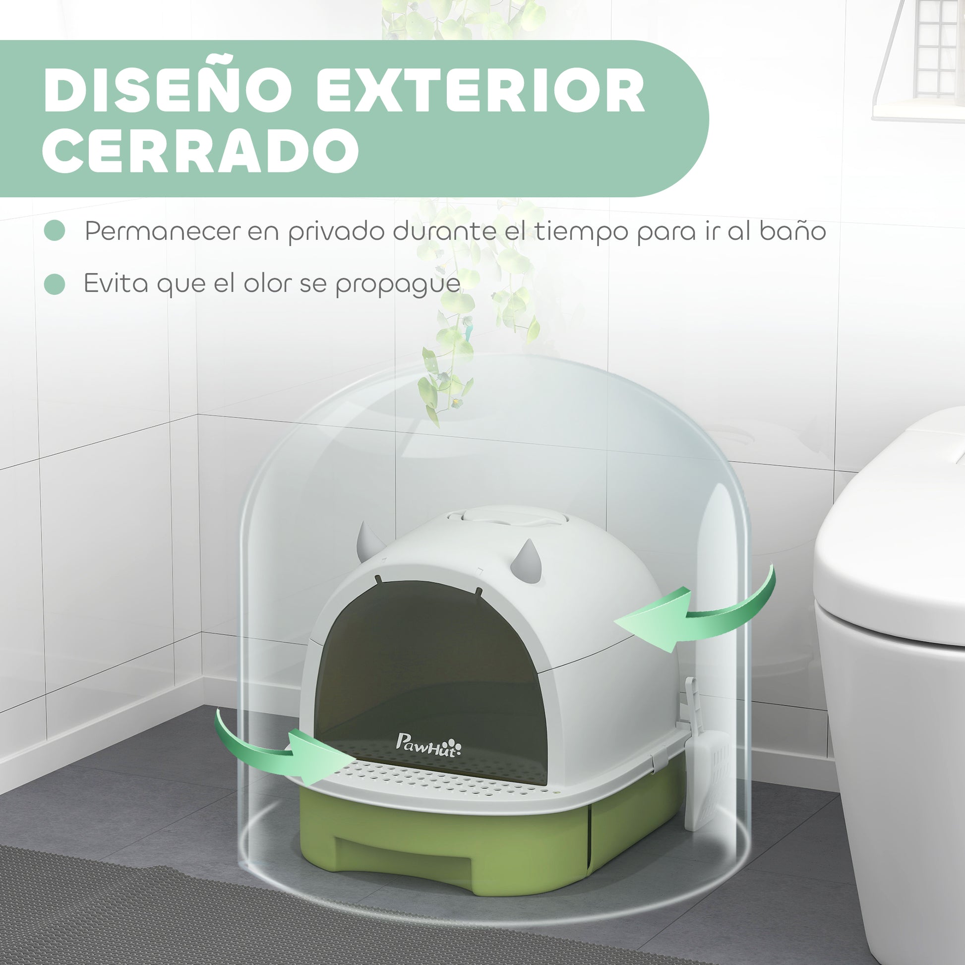 Covered Cat Litter Box Cat Litter Tray Closed with Removable Lid Removable Tray Carbon Filter Shovel and Top Handle 40.5x52x39 cm White and Green
