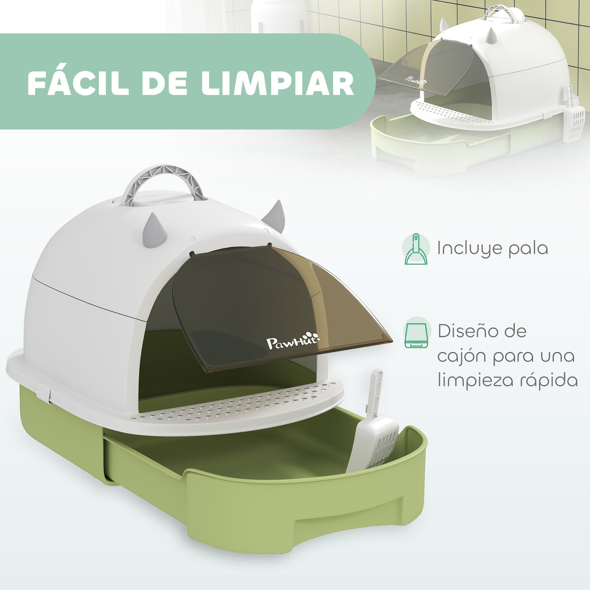 Covered Cat Litter Box Cat Litter Tray Closed with Removable Lid Removable Tray Carbon Filter Shovel and Top Handle 40.5x52x39 cm White and Green