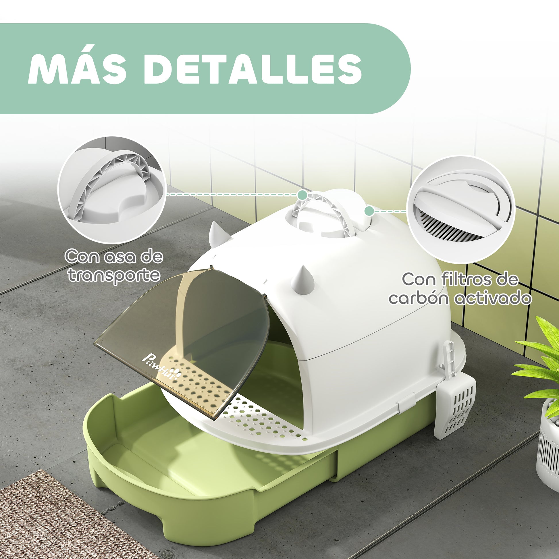Covered Cat Litter Box Cat Litter Tray Closed with Removable Lid Removable Tray Carbon Filter Shovel and Top Handle 40.5x52x39 cm White and Green