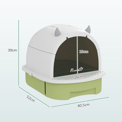 Covered Cat Litter Box Cat Litter Tray Closed with Removable Lid Removable Tray Carbon Filter Shovel and Top Handle 40.5x52x39 cm White and Green