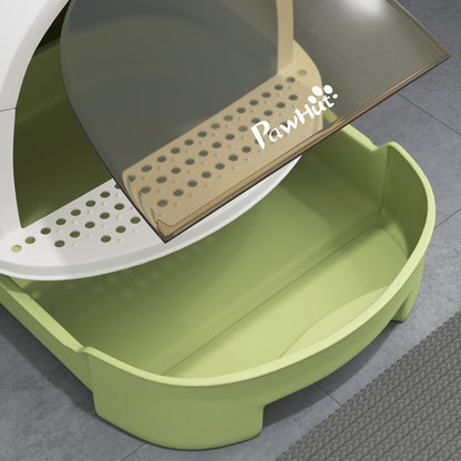Covered Cat Litter Box Cat Litter Tray Closed with Removable Lid Removable Tray Carbon Filter Shovel and Top Handle 40.5x52x39 cm White and Green