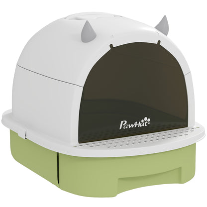 Covered Cat Litter Box Cat Litter Tray Closed with Removable Lid Removable Tray Carbon Filter Shovel and Top Handle 40.5x52x39 cm White and Green