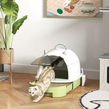 Covered Cat Litter Box Cat Litter Tray Closed with Removable Lid Removable Tray Carbon Filter Shovel and Top Handle 40.5x52x39 cm White and Green