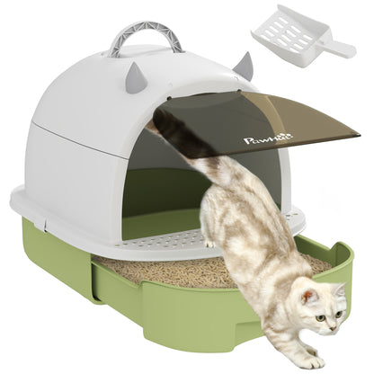 Covered Cat Litter Box Cat Litter Tray Closed with Removable Lid Removable Tray Carbon Filter Shovel and Top Handle 40.5x52x39 cm White and Green