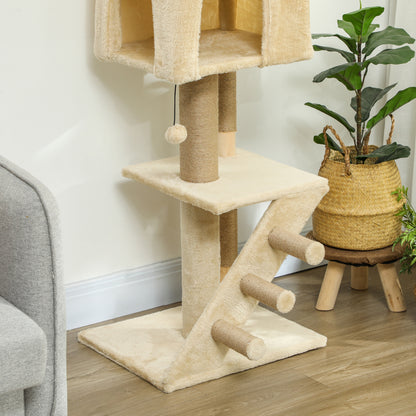 Floor to Ceiling Cat Tree 225-265 cm Adjustable Height Scratching Post Cat Tree with Multiple Platforms Ladder Hanging Ball Beige