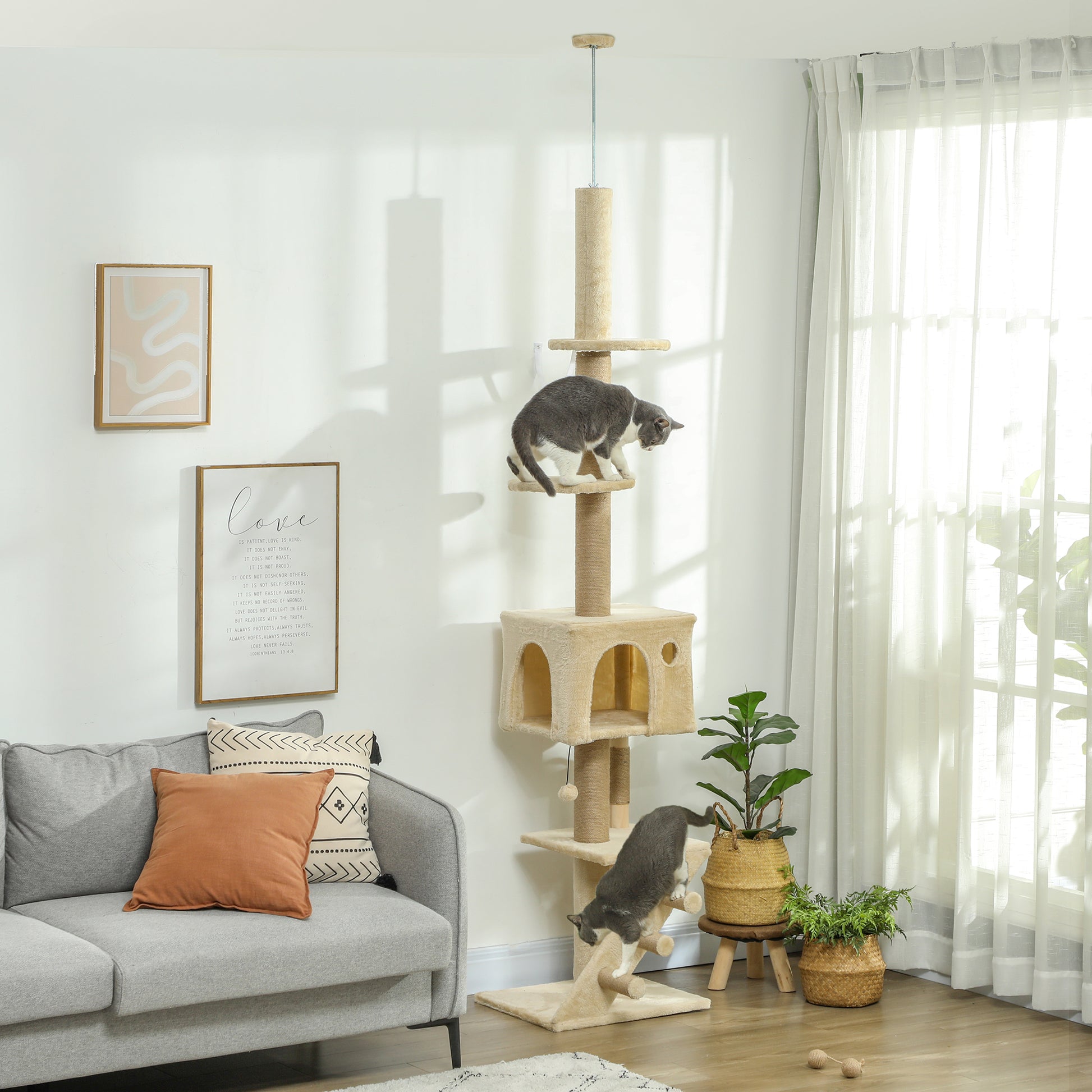 Floor to Ceiling Cat Tree 225-265 cm Adjustable Height Scratching Post Cat Tree with Multiple Platforms Ladder Hanging Ball Beige