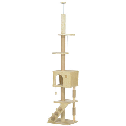 Floor to Ceiling Cat Tree 225-265 cm Adjustable Height Scratching Post Cat Tree with Multiple Platforms Ladder Hanging Ball Beige