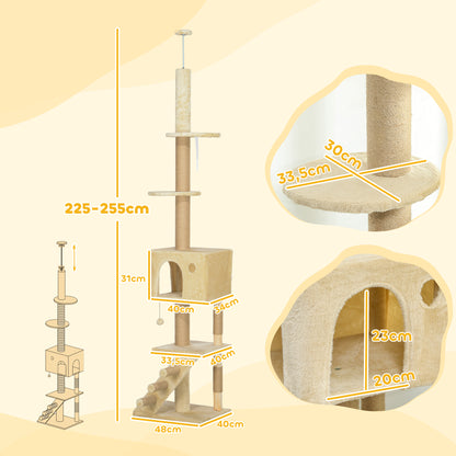 Floor to Ceiling Cat Tree 225-265 cm Adjustable Height Scratching Post Cat Tree with Multiple Platforms Ladder Hanging Ball Beige