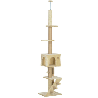 Floor to Ceiling Cat Tree 225-265 cm Adjustable Height Scratching Post Cat Tree with Multiple Platforms Ladder Hanging Ball Beige