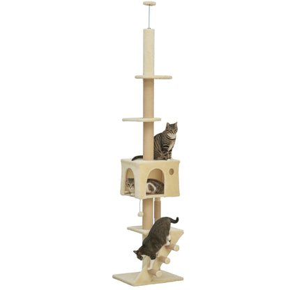 Floor to Ceiling Cat Tree 225-265 cm Adjustable Height Scratching Post Cat Tree with Multiple Platforms Ladder Hanging Ball Beige
