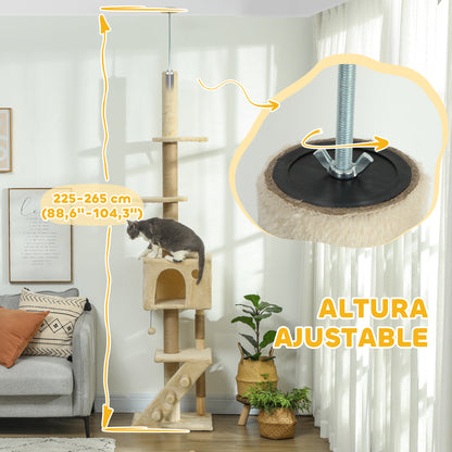 Floor to Ceiling Cat Tree 225-265 cm Adjustable Height Scratching Post Cat Tree with Multiple Platforms Ladder Hanging Ball Beige