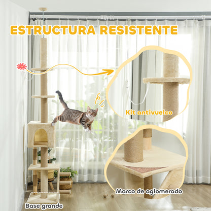 Floor to Ceiling Cat Tree 225-265 cm Adjustable Height Scratching Post Cat Tree with Multiple Platforms Ladder Hanging Ball Beige